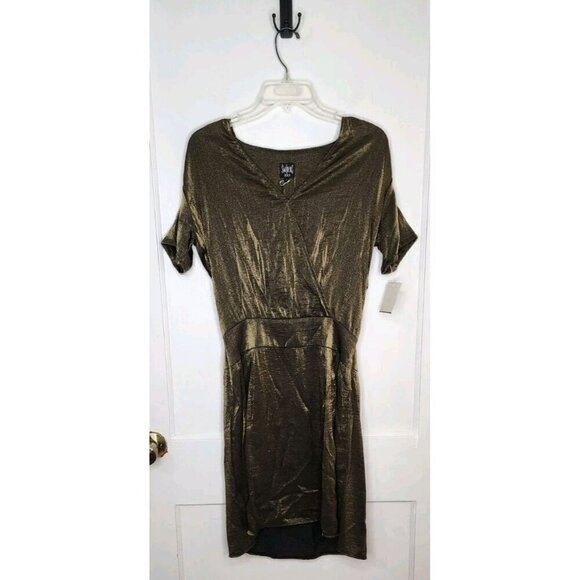 Swildens Dresses & Skirts - Swildens Short Sleeve Faux Wrap Metallic Green Gold Dress Size 1 / XS Small NWT